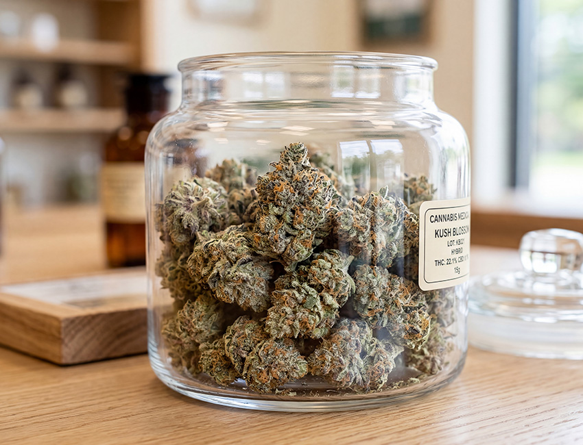Kush Blossom cannabis flower buds in a glass jar at Huff and Puff Dispensary