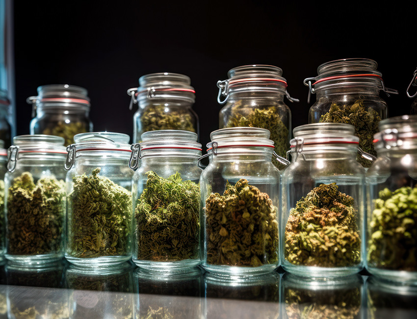 Assorted cannabis flower strains in glass jars on display at Huff and Puff Dispensary