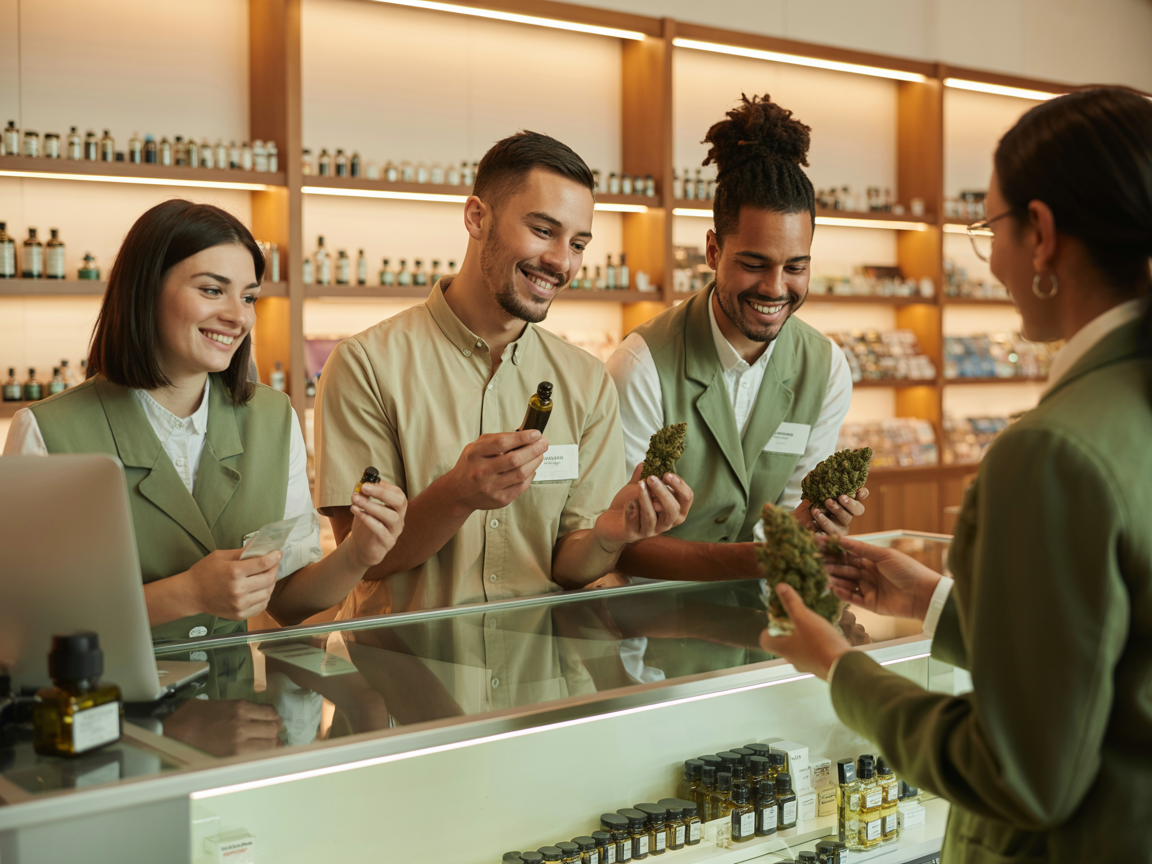 Huff and Puff Dispensary staff helping a customer choose cannabis products
